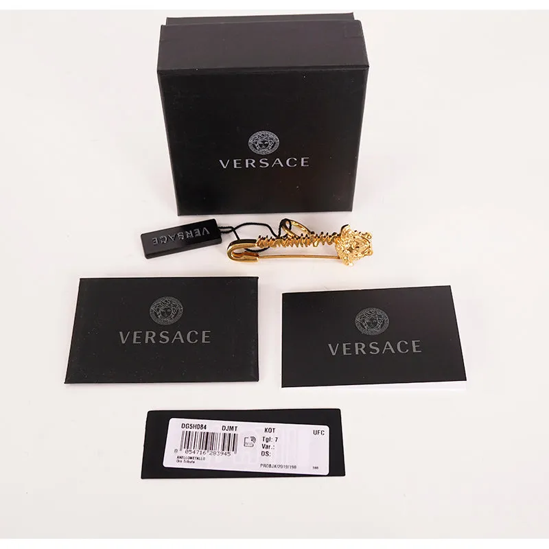 7 NEW $395 VERSACE TRIBUTE Gold Tone Brass LOGO MEDUSA Head Safety Pin RING