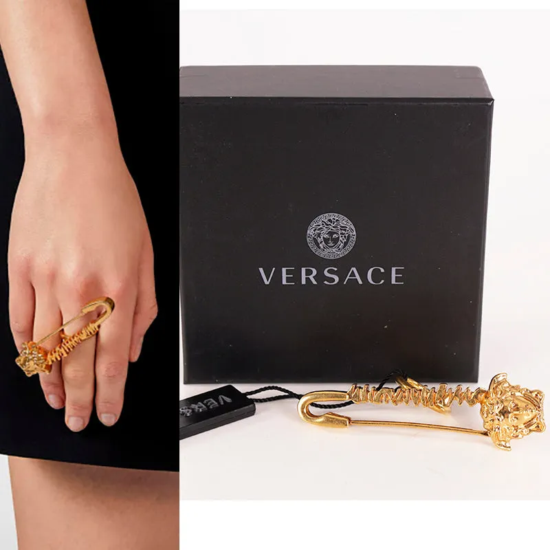 7 NEW $395 VERSACE TRIBUTE Gold Tone Brass LOGO MEDUSA Head Safety Pin RING