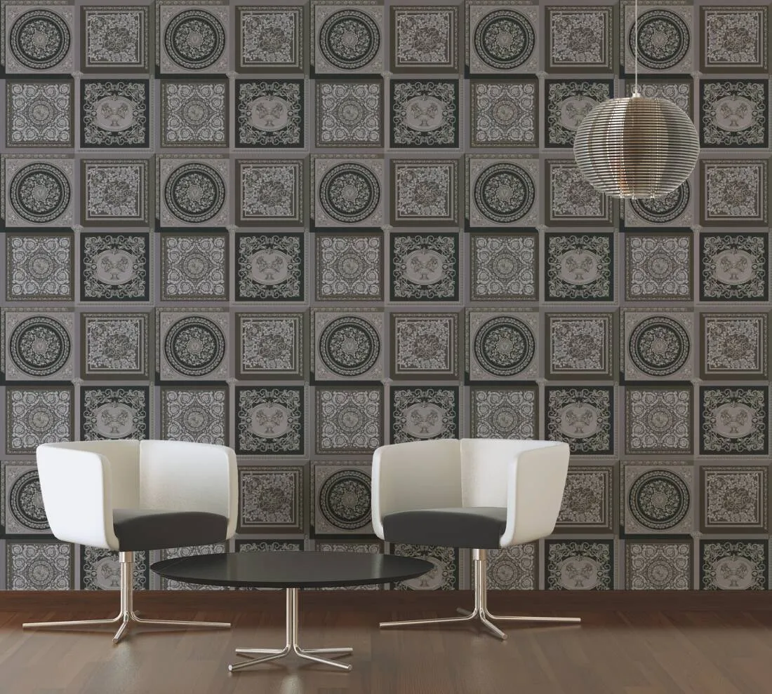 Baroque Squares Textured Wallpaper in Black/Grey from the Versace V Collection