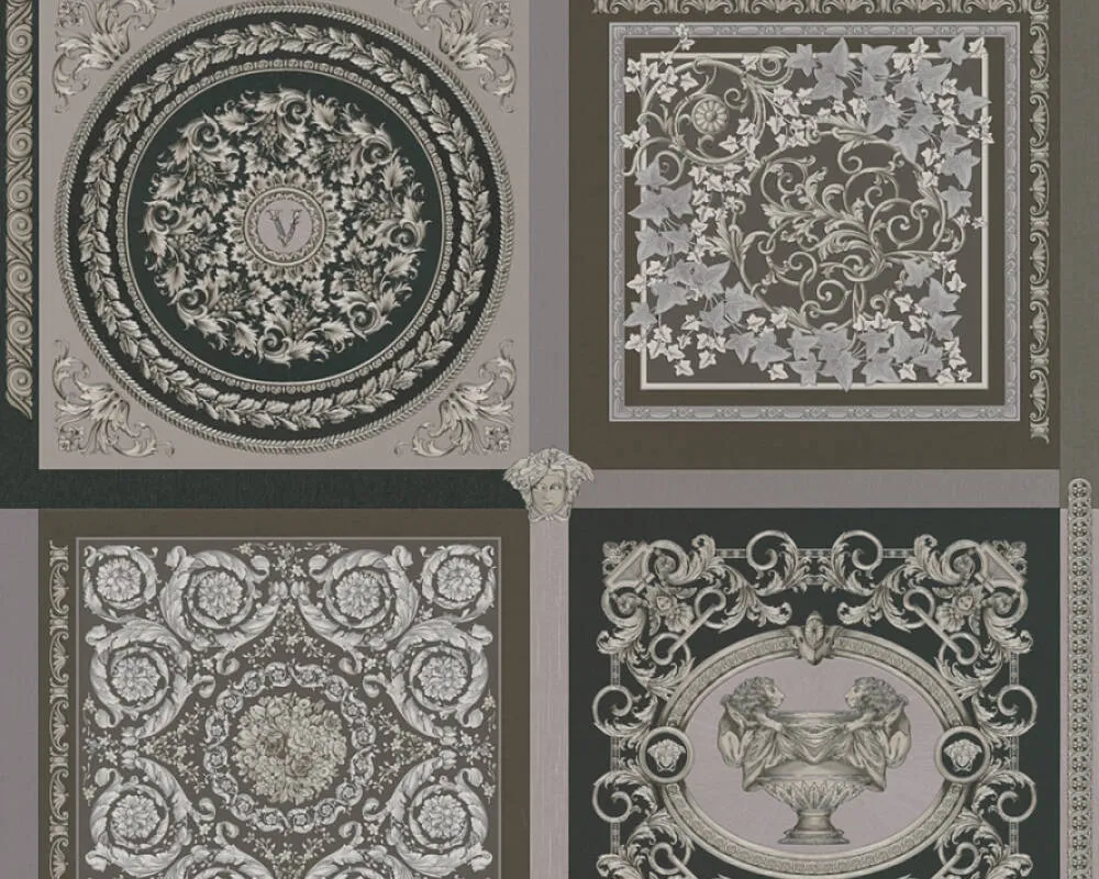 Baroque Squares Textured Wallpaper in Black/Grey from the Versace V Collection