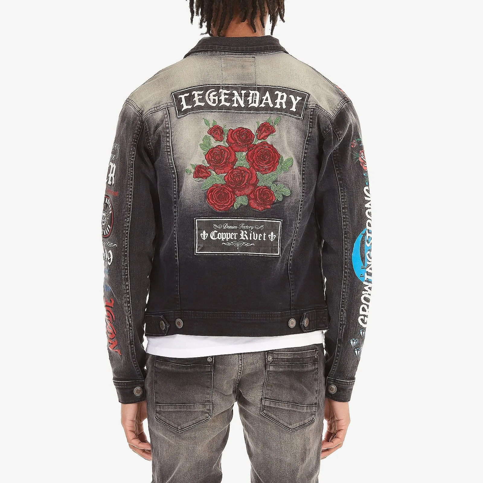 BLACK JACKET W/ PRINTS & ROSE EMBROIDERY