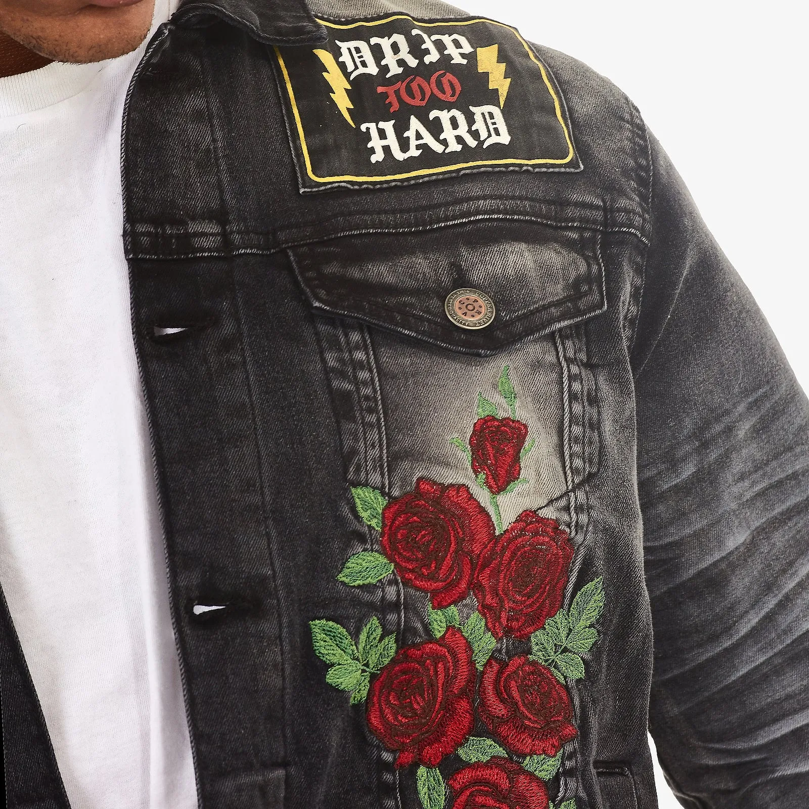 BLACK JACKET W/ PRINTS & ROSE EMBROIDERY