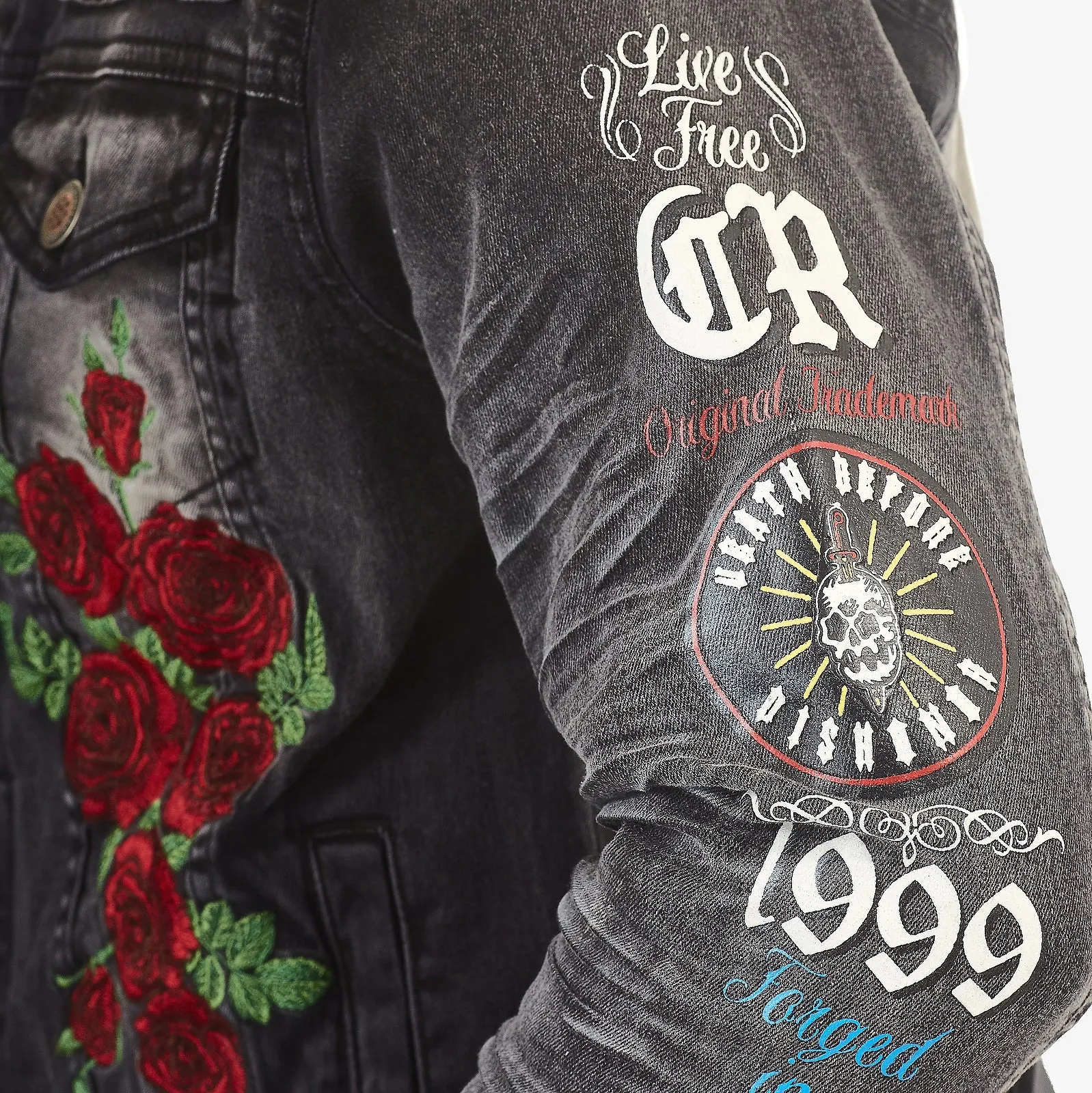 BLACK JACKET W/ PRINTS & ROSE EMBROIDERY