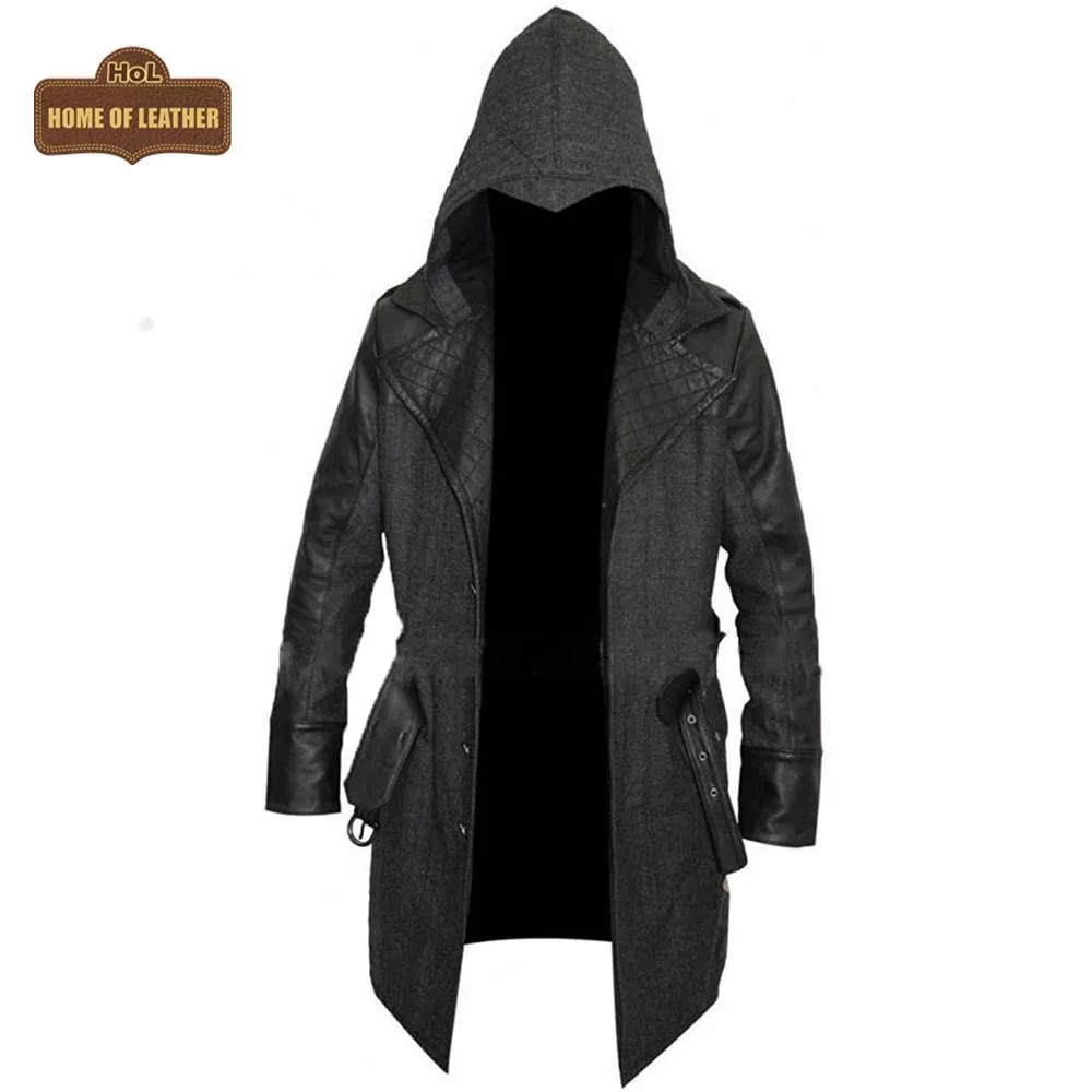 C019 Assassins Creed Men's Gray Syndicate Jacob Frye Trench Real Leather Wool Coat