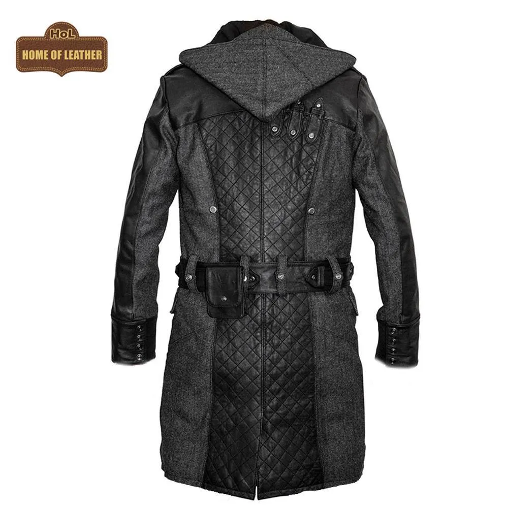 C019 Assassins Creed Men's Gray Syndicate Jacob Frye Trench Real Leather Wool Coat