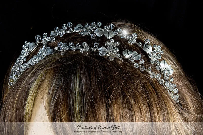 Cherise Two Row Flower Silver Headband | Swarovski Crystal