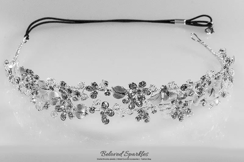 Cherise Two Row Flower Silver Headband | Swarovski Crystal