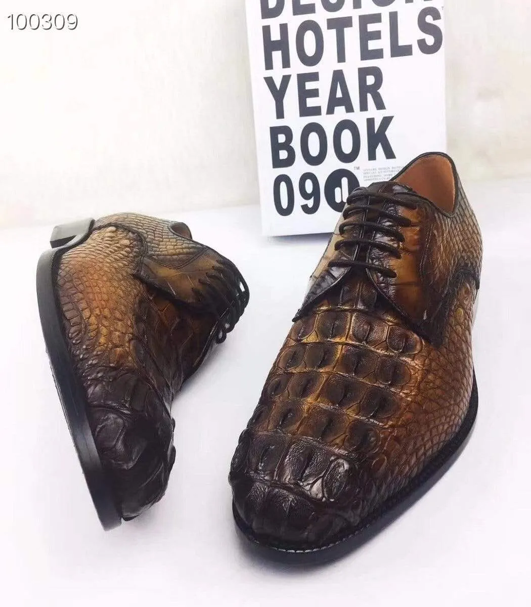 Crocodile Shoes Mens Dress Shoes, Modern Classic Round -Pointed toe crocodile bone leather Lace-up Casual Business Shoes