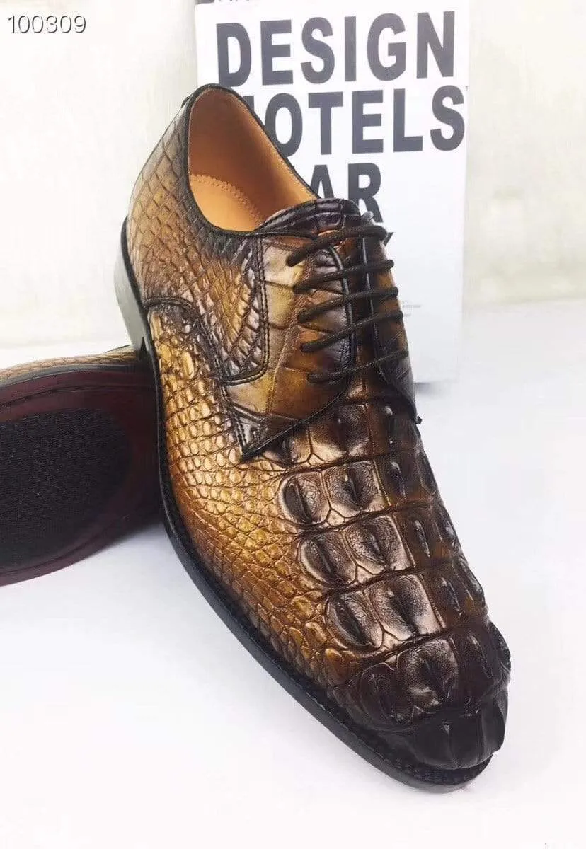 Crocodile Shoes Mens Dress Shoes, Modern Classic Round -Pointed toe crocodile bone leather Lace-up Casual Business Shoes