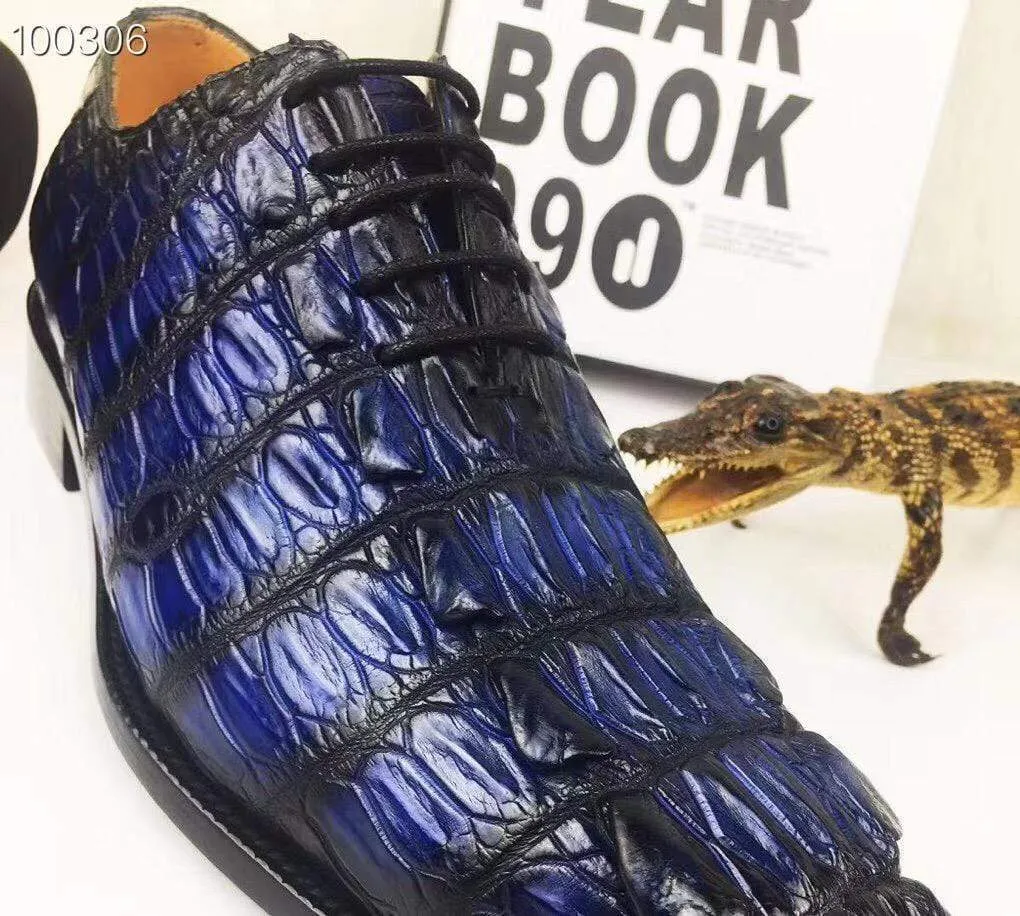 Crocodile Shoes Mens Dress Shoes, Modern Classic Round -Pointed toe crocodile bone leather Lace-up Casual Business Shoes