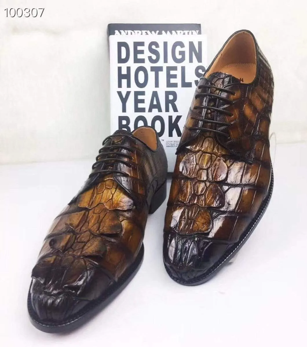 Crocodile Shoes Mens Dress Shoes, Modern Classic Round -Pointed toe crocodile bone leather Lace-up Casual Business Shoes