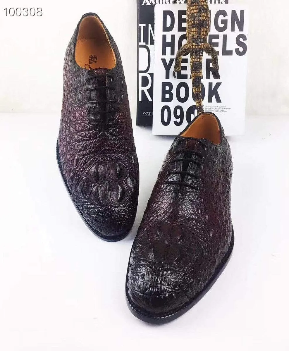 Crocodile Shoes Mens Dress Shoes, Modern Classic Round -Pointed toe crocodile bone leather Lace-up Casual Business Shoes