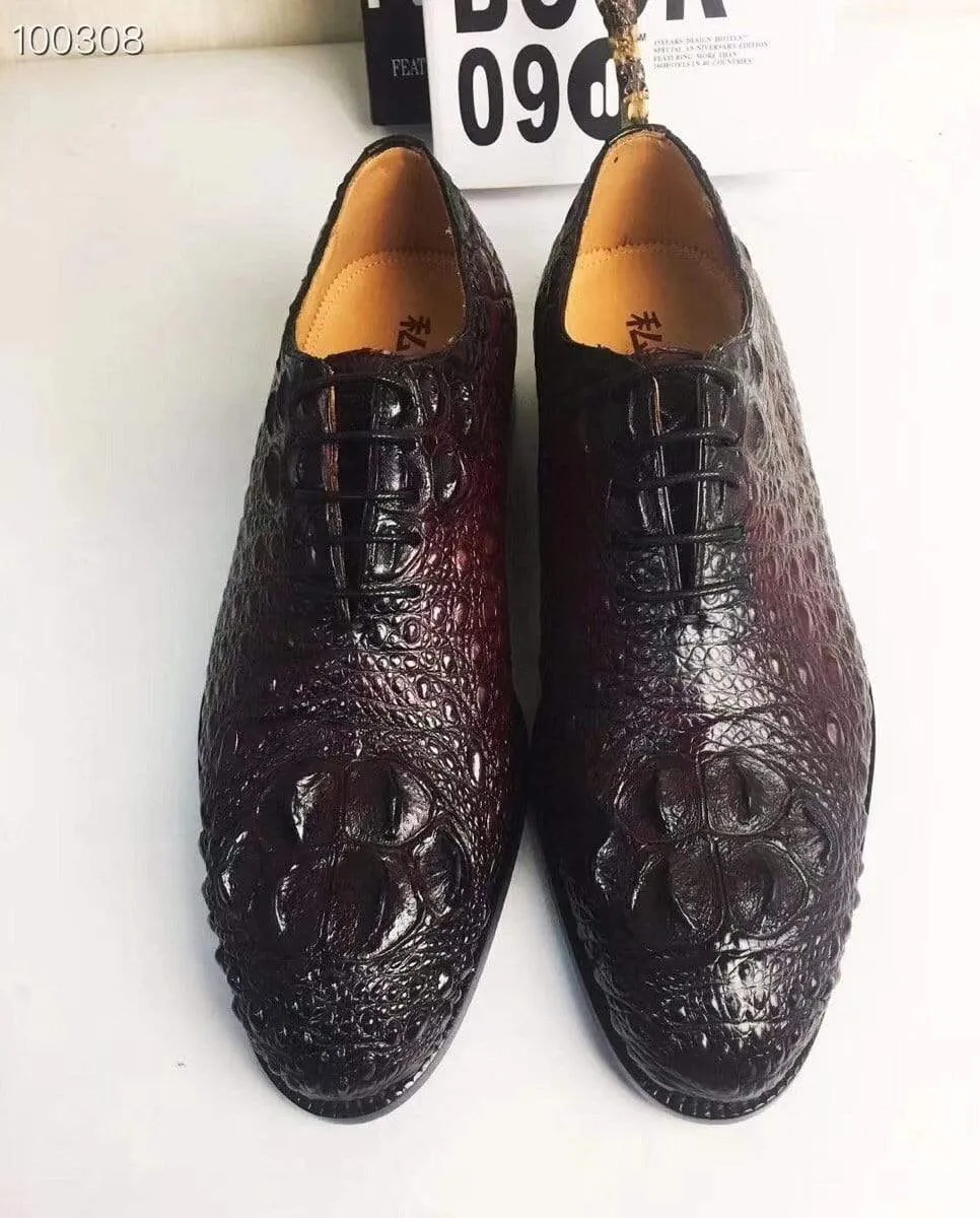 Crocodile Shoes Mens Dress Shoes, Modern Classic Round -Pointed toe crocodile bone leather Lace-up Casual Business Shoes