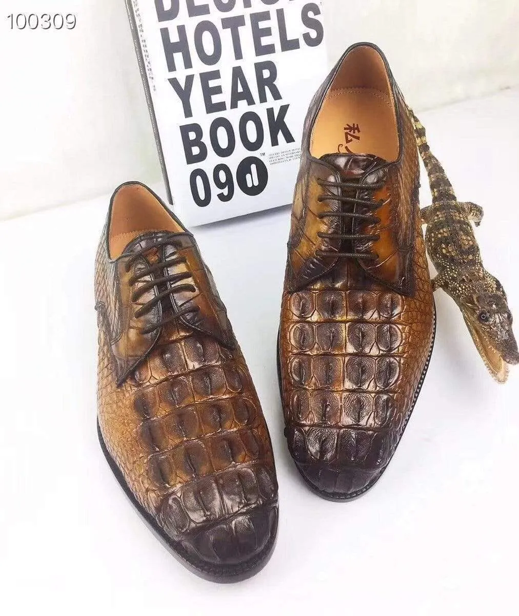 Crocodile Shoes Mens Dress Shoes, Modern Classic Round -Pointed toe crocodile bone leather Lace-up Casual Business Shoes