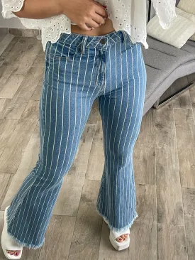 DENIM STRIPED FLARE JEANS