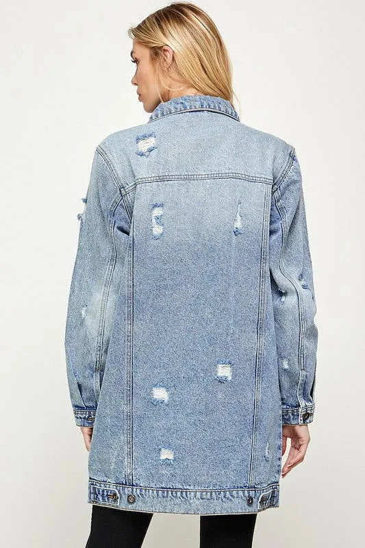 Distressed 3/4 Long Trench Denim Jacket