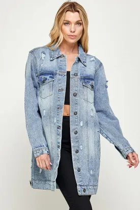 Distressed 3/4 Long Trench Denim Jacket