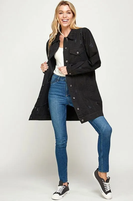 Distressed 3/4 Long Trench Denim Jacket
