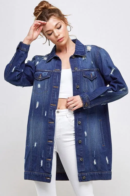 Distressed 3/4 Long Trench Denim Jacket