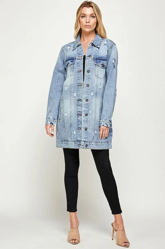 Distressed 3/4 Long Trench Denim Jacket