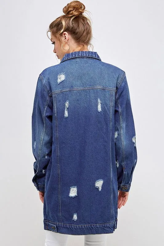 Distressed 3/4 Long Trench Denim Jacket