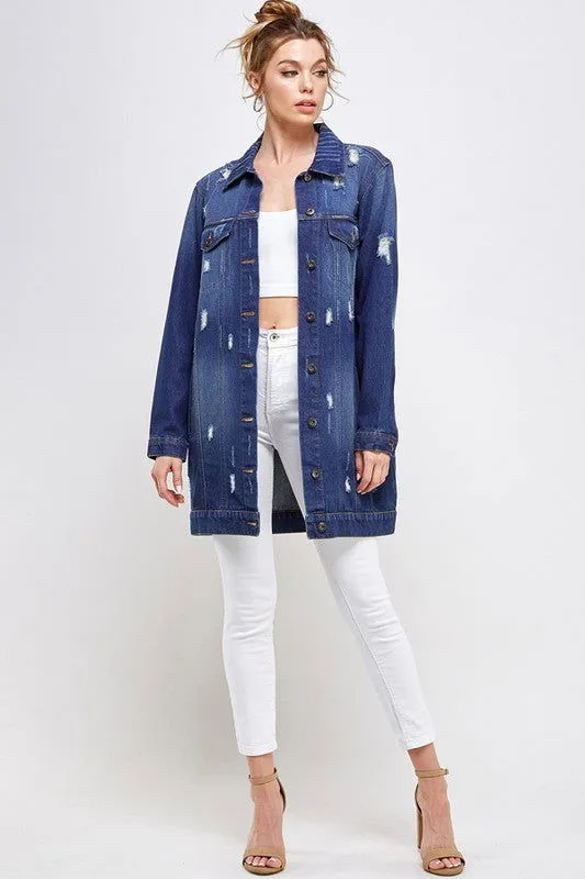 Distressed 3/4 Long Trench Denim Jacket