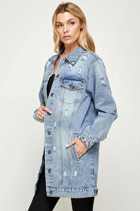Distressed 3/4 Long Trench Denim Jacket
