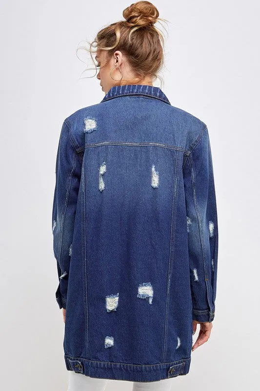 Distressed 3/4 Long Trench Denim Jacket