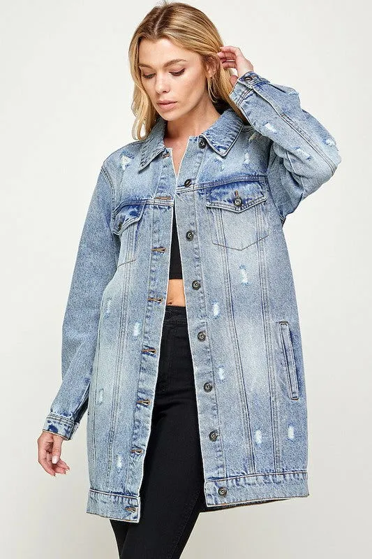 Distressed 3/4 Long Trench Denim Jacket