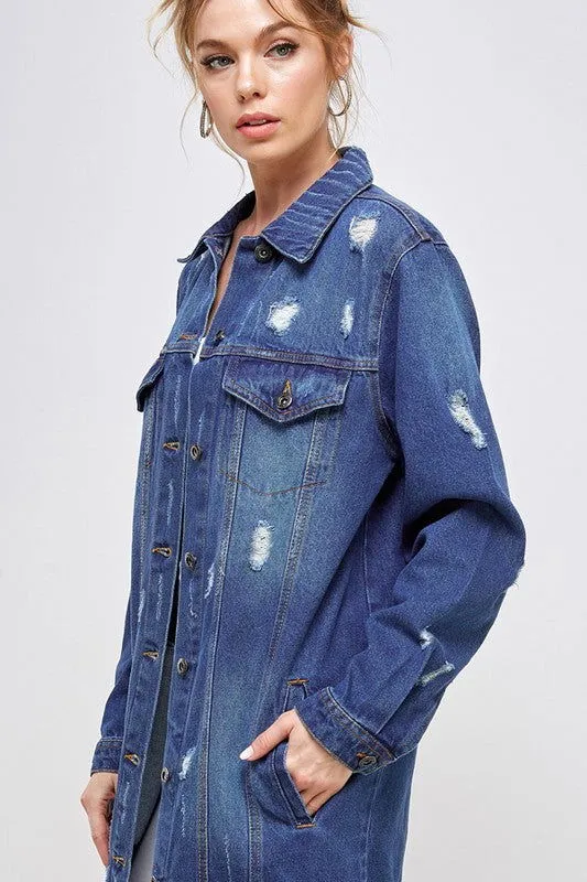 Distressed 3/4 Long Trench Denim Jacket