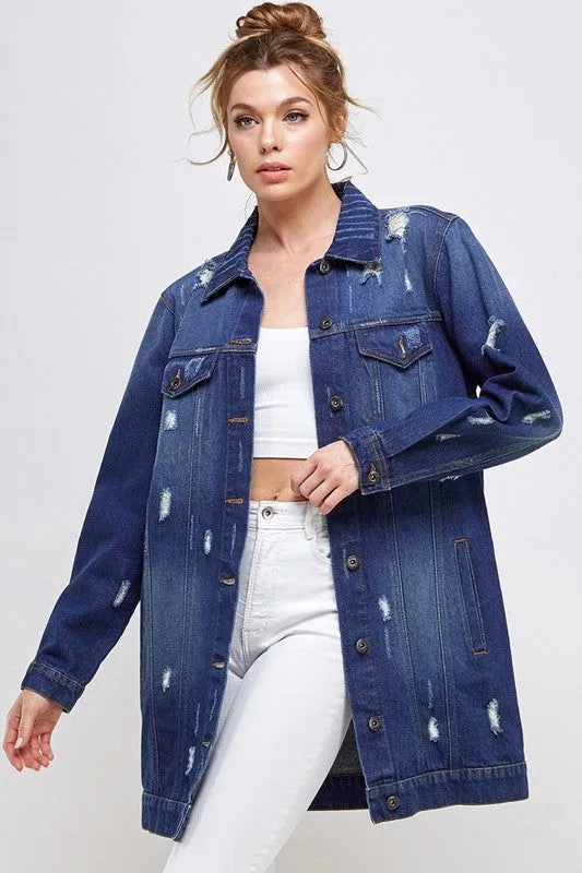 Distressed 3/4 Long Trench Denim Jacket
