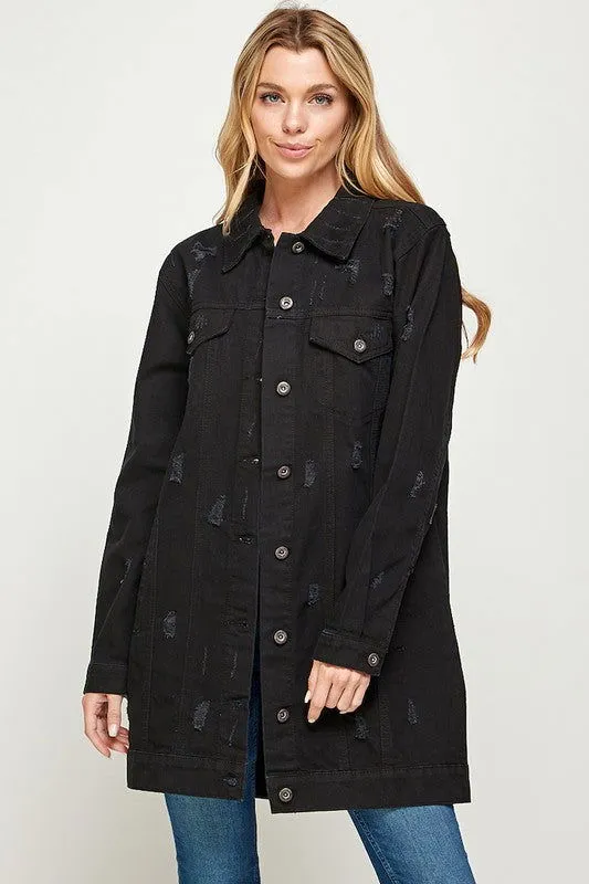 Distressed 3/4 Long Trench Denim Jacket