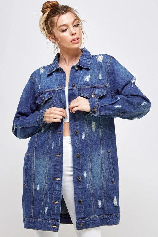 Distressed 3/4 Long Trench Denim Jacket