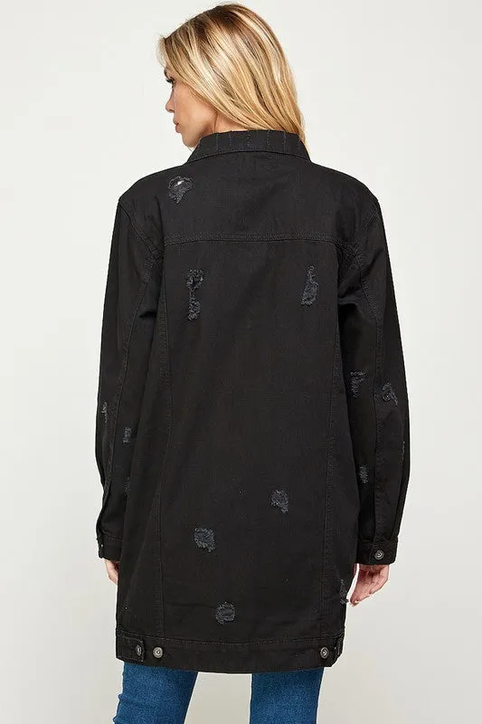 Distressed 3/4 Long Trench Denim Jacket