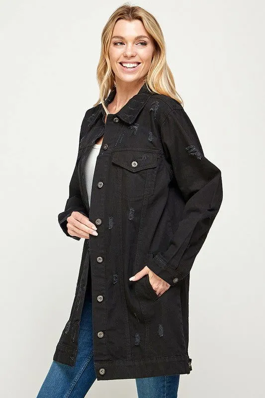 Distressed 3/4 Long Trench Denim Jacket