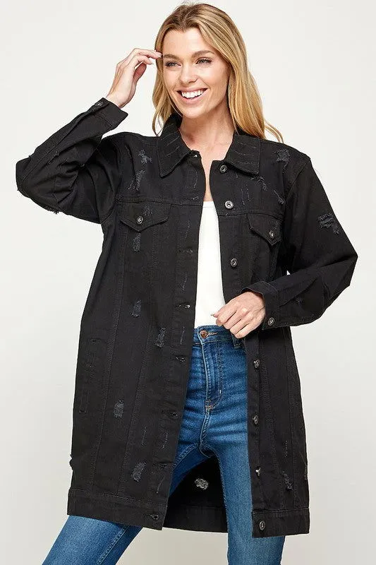 Distressed 3/4 Long Trench Denim Jacket