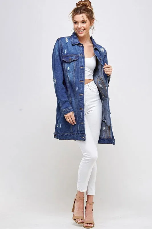 Distressed 3/4 Long Trench Denim Jacket