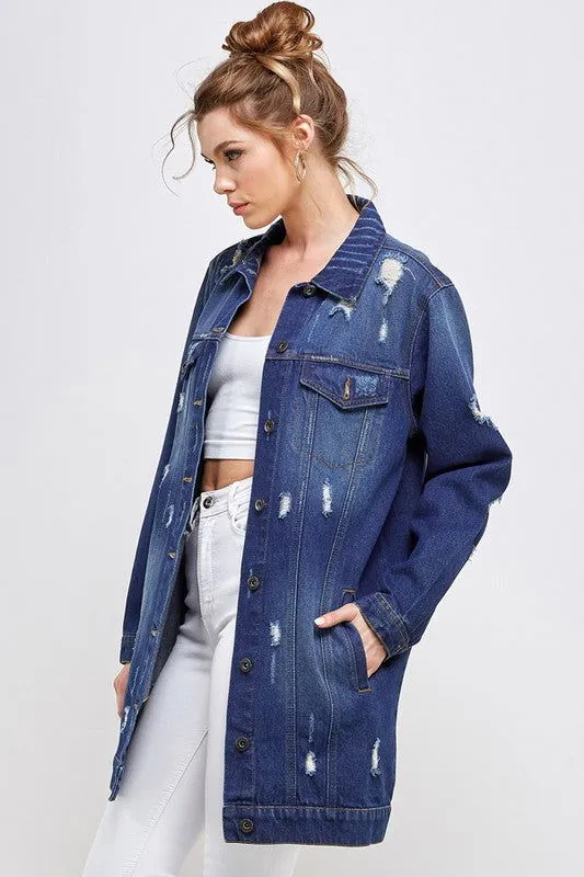 Distressed 3/4 Long Trench Denim Jacket