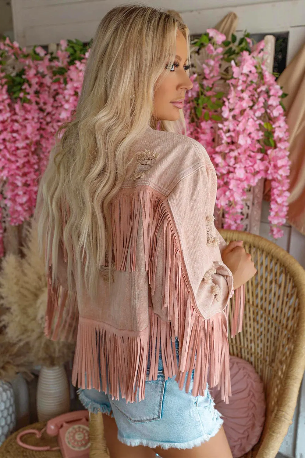 Distressed Fringed Cropped Denim Jacket