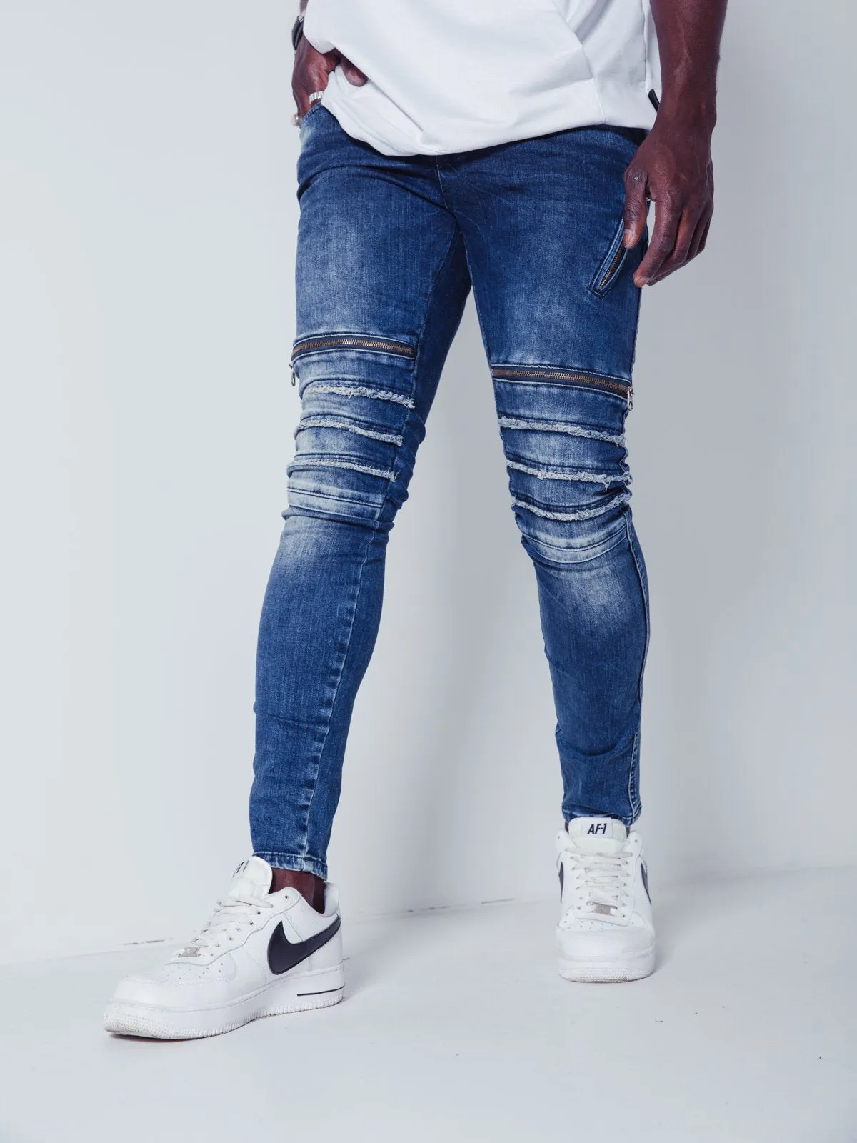 Distressed Jeans Zipper Detail - Blue
