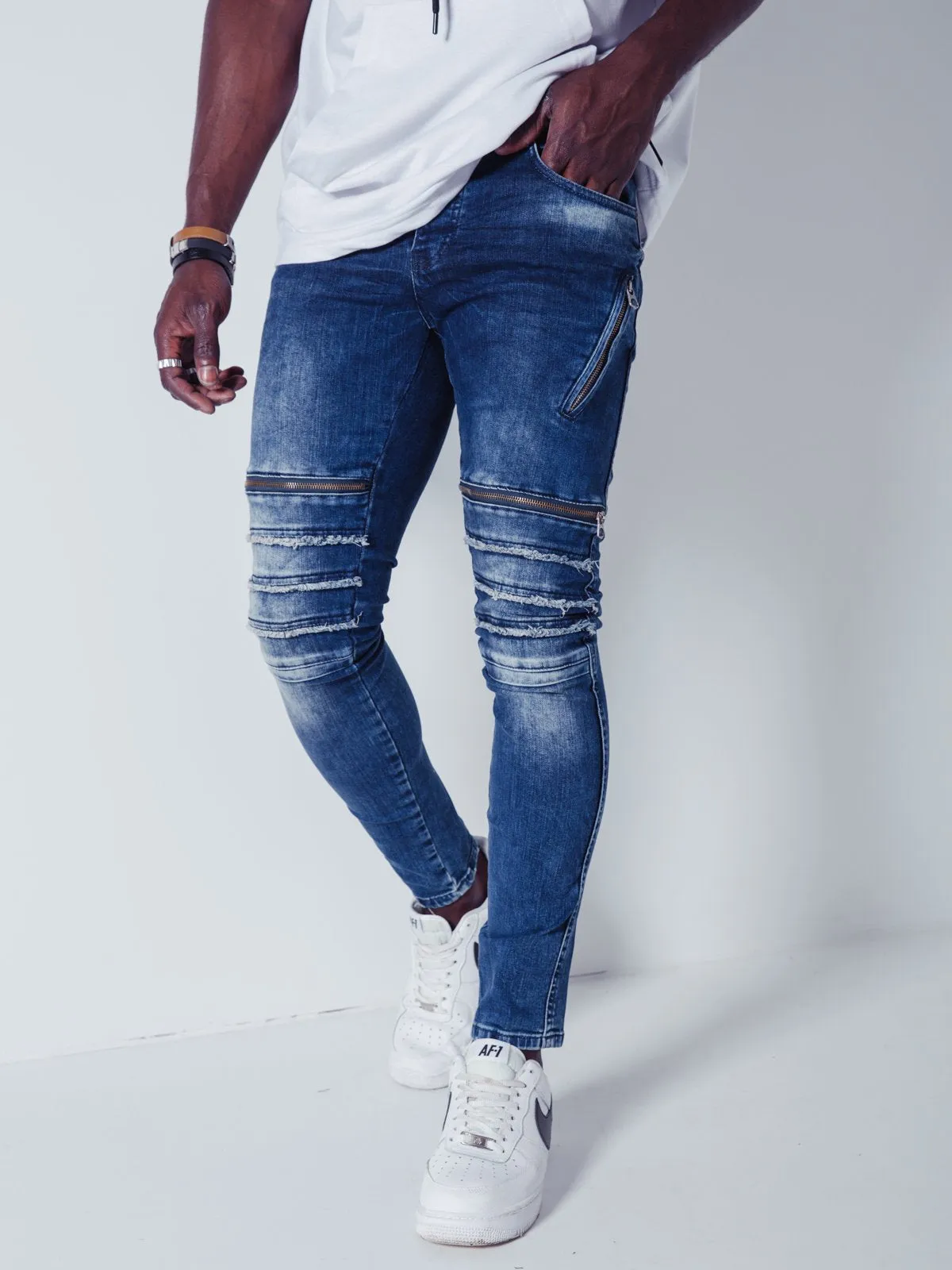 Distressed Jeans Zipper Detail - Blue