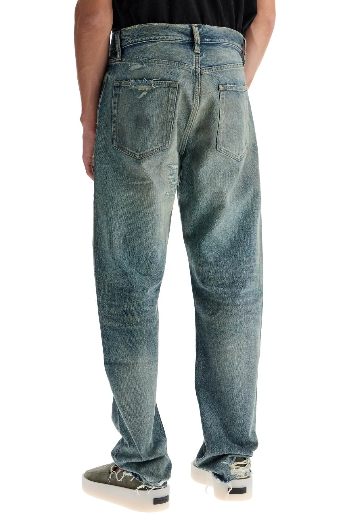 distressed straight cut jeans with a