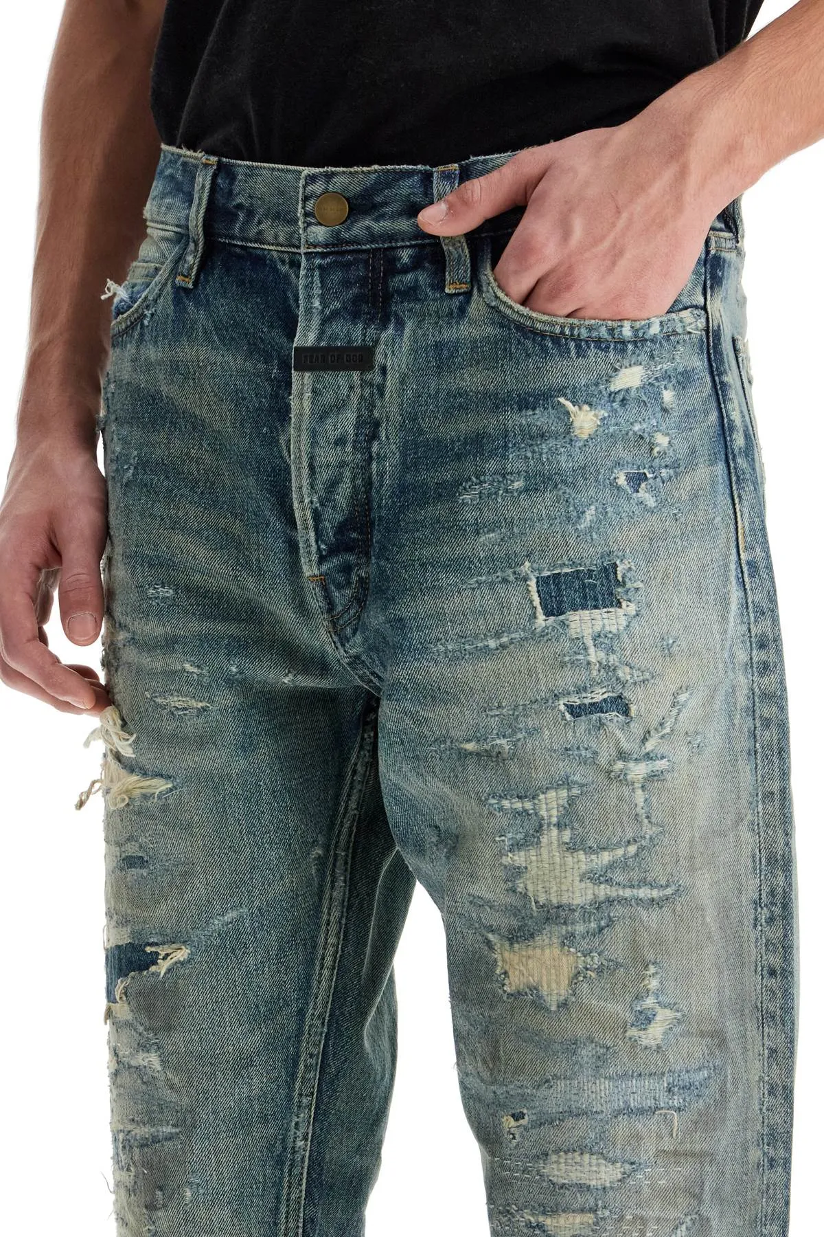 distressed straight cut jeans with a