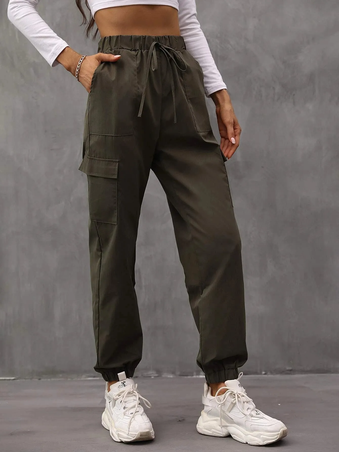 Drawstring Waist Flap Pocket Cargo Pants