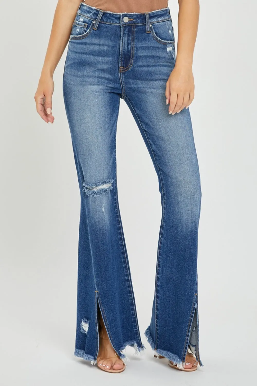 Front Slit Frayed Hem Flare Jeans