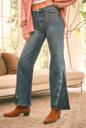 Garment Washed Denim Rhinestone Fringe Pocket Jeans