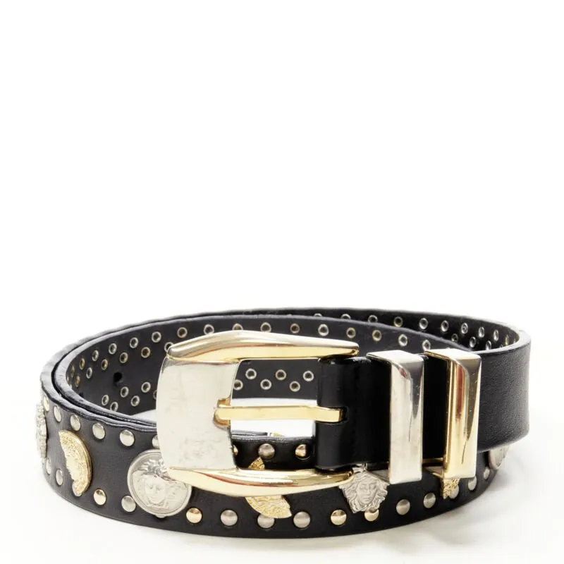 GIANNI VERSACE Vintage silver gold Medusa Moon studded leather belt 70cm 28"