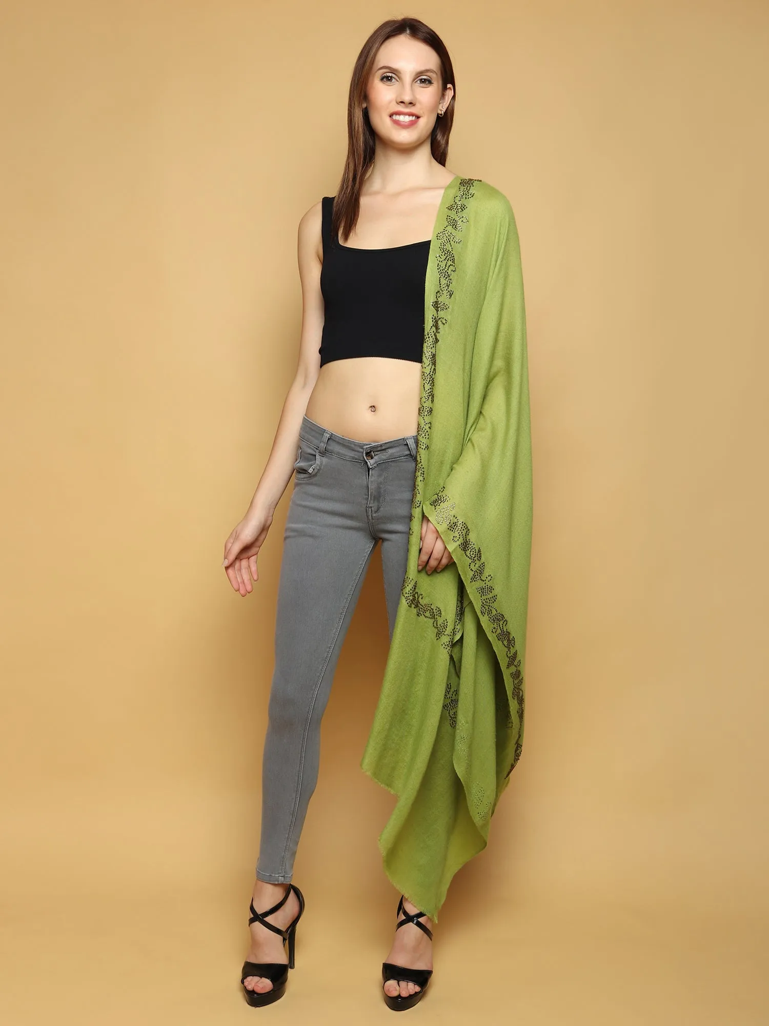 Green Shawl Swarovski Pashmina Shawl with Swarovski Crystal Umbrellas