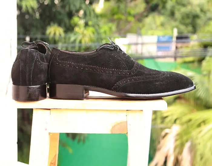 Handmade Men's Black Suede Wing Tip Lace Up Shoes, Men Designer Dress Formal Luxury Shoes