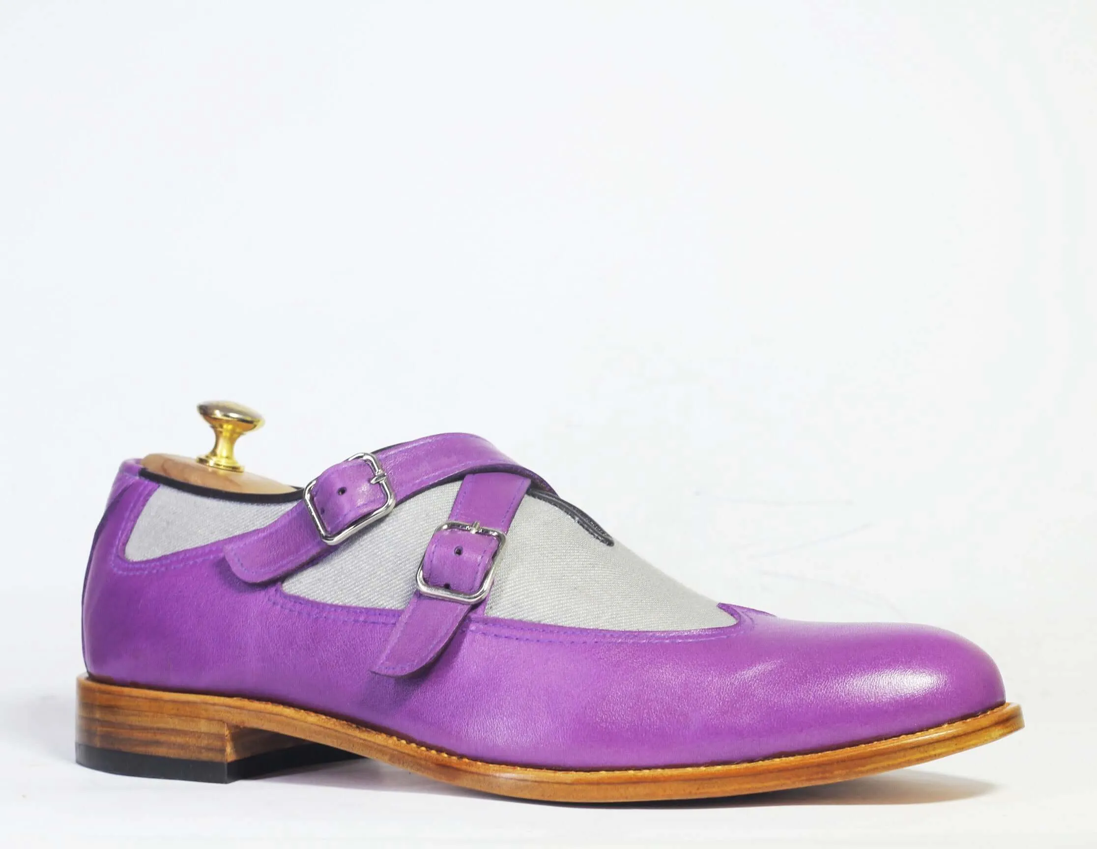 Handmade Men’s Purple Gray Double Monk Strap Shoes, Men Leather & Denim Shoes